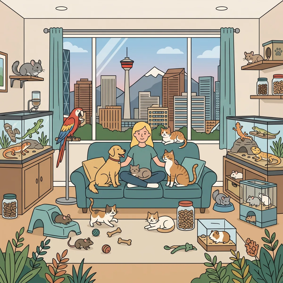 Cork (Corrine), founder of Corks Critter Care, at home in Calgary with dogs, cats, birds, reptiles and aquariums