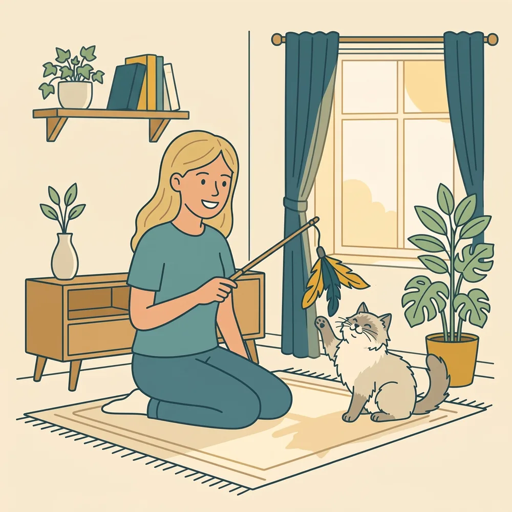 Corks Critter Care pet sitter playing with a cat using a feather wand during an in-home cat sitting visit in Calgary