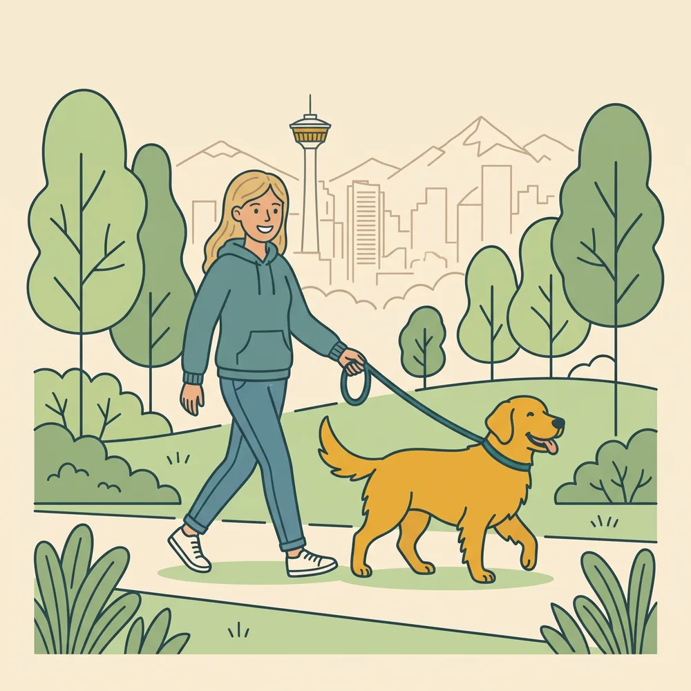 Corks Critter Care dog walker on a leashed walk with a golden retriever through a Calgary park