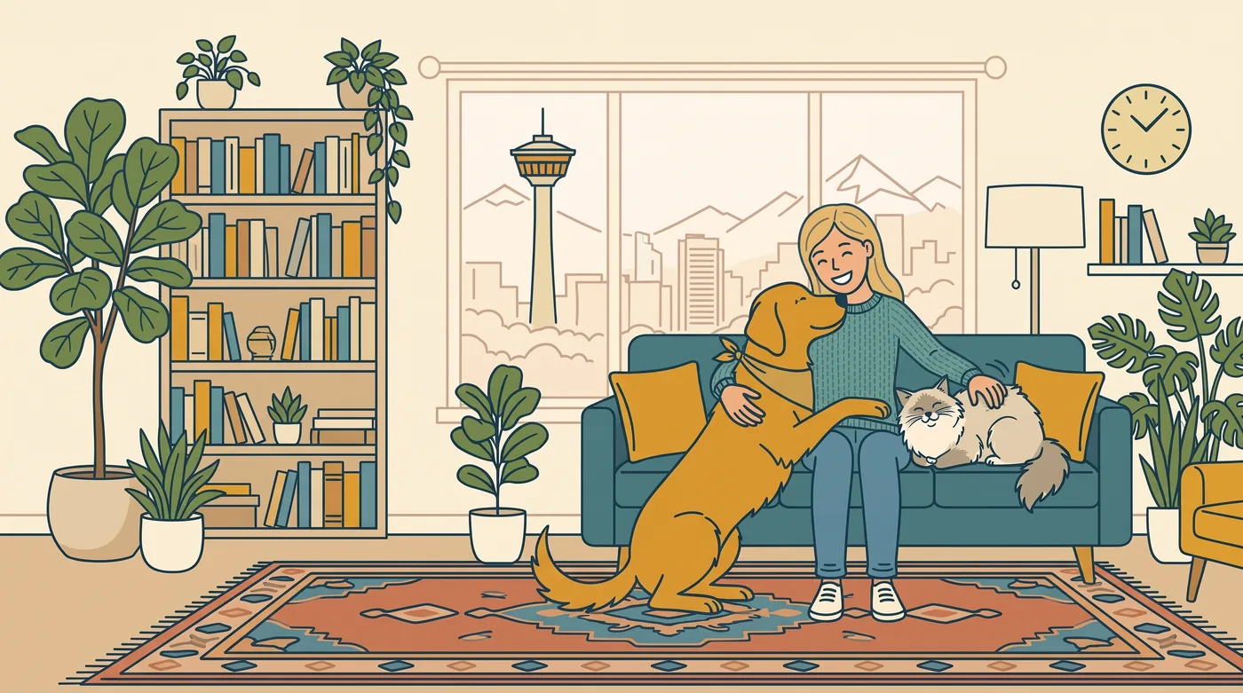 Corks Critter Care pet sitter relaxing with a golden retriever and cat in a Calgary living room