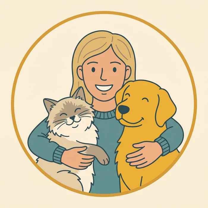 Illustrated portrait of Cork (Corrine Bray), founder of Corks Critter Care, hugging a dog and cat