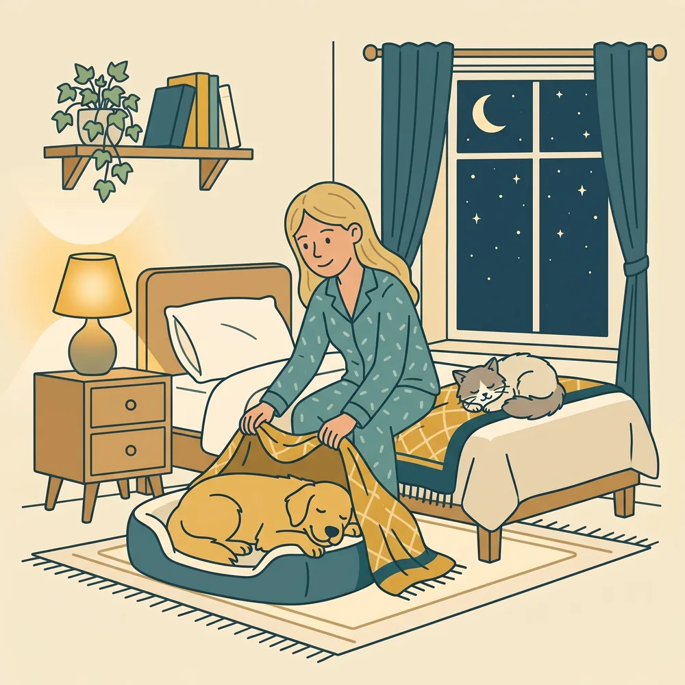 Corks Critter Care overnight pet sitter tucking in a dog and cat for the night in a Calgary home