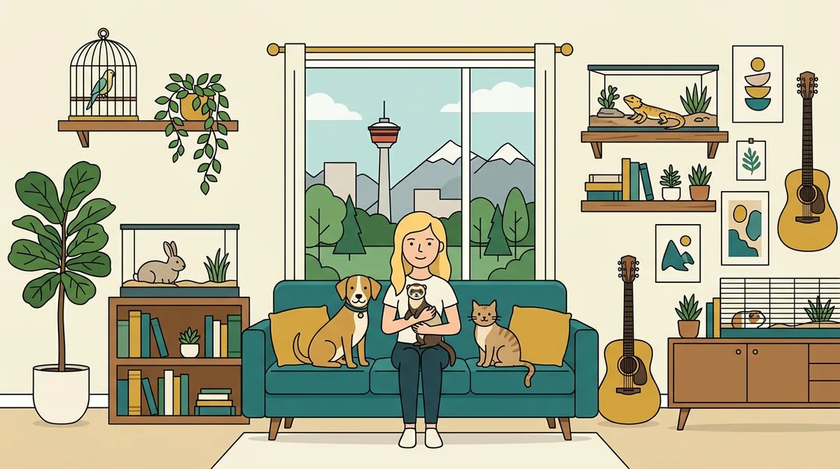 Corks Critter Care pet sitter at home in Calgary with a dog, cat, ferret, rabbit, bird and reptile