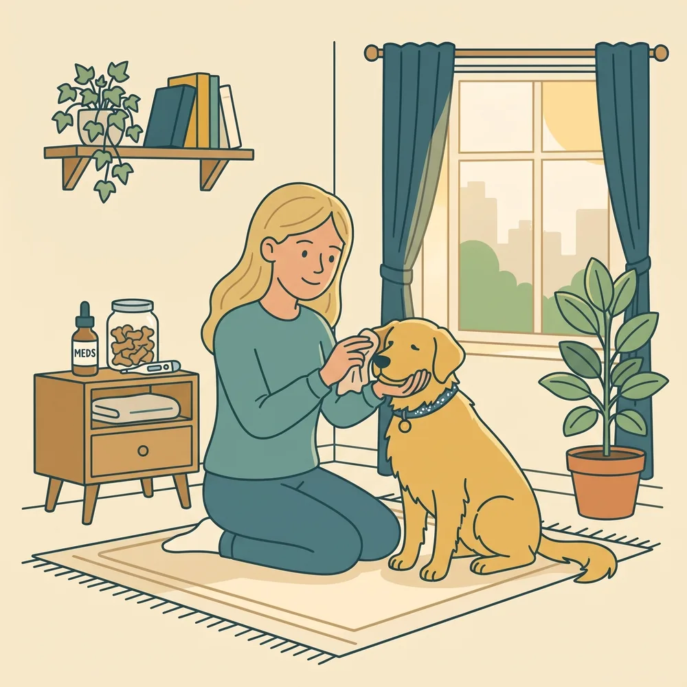Registered vet tech from Corks Critter Care giving gentle medical care to a senior dog at home in Calgary