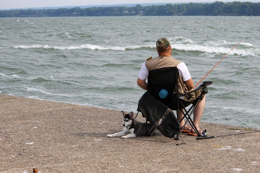 The dog is engaging in a fishing activity with its owner.